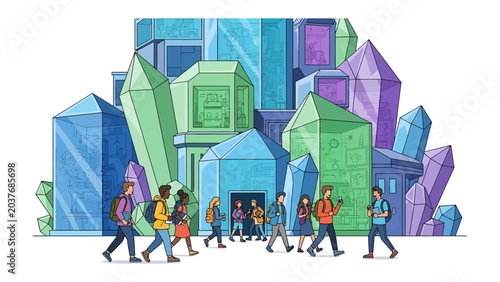 Canvas-taulu Crystal City Metropolis: A vibrant cityscape rendered in crystalline structures, populated by a diverse group of individuals walking with purpose