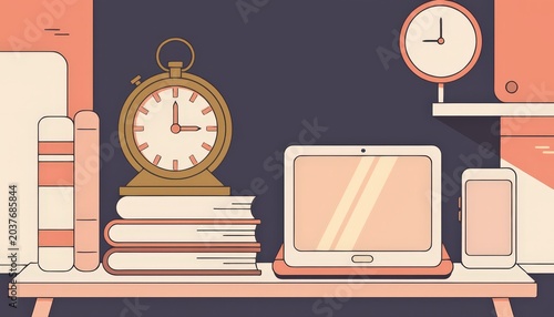 A cozy workspace featuring a vintage clock, laptop, mobile phone, and stacked books on a minimalist shelf.