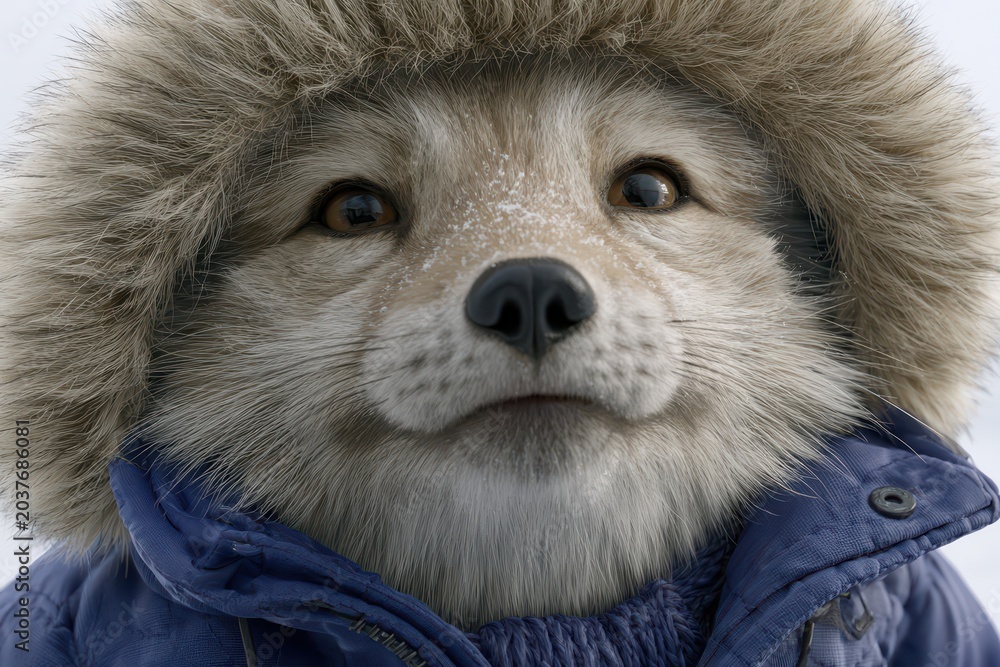 Naklejka premium Close-up portrait of a fluffy arctic fox wearing a warm blue winter coat and fur-lined hood.
