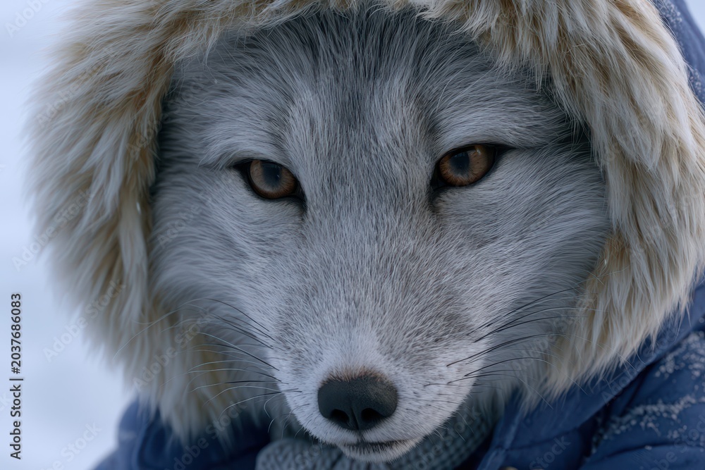 Naklejka premium Close-up portrait of an arctic fox wearing a blue winter coat with a fur-lined hood.
