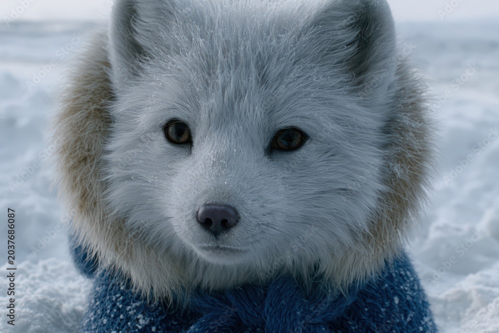 Naklejka premium Close-up portrait of a cute arctic fox wearing a blue knitted sweater in a snowy winter landscape.