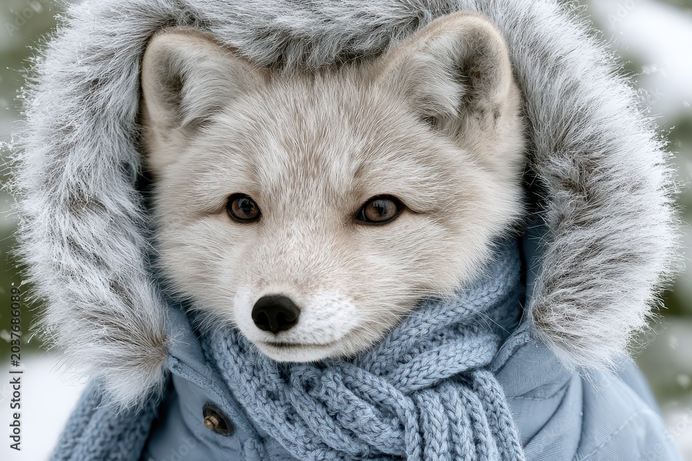 Obraz premium Adorable Arctic fox cub wearing a cozy blue scarf and fur-lined hood in winter snow.