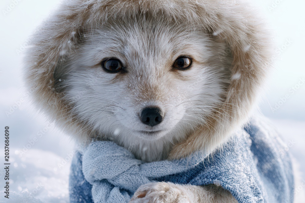 Obraz premium Adorable arctic fox cub wearing a cozy blue knitted scarf and fur-lined hood in winter snow.