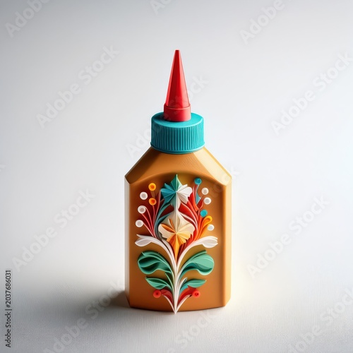 A decorative glue bottle with colorful floral design on a minimal background, showcasing creativity and craftsmanship.