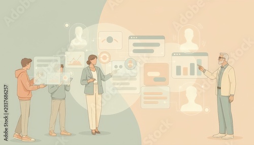 A diverse group of professionals collaborating with digital data and analytics in a modern workspace.