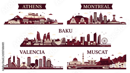 Vintage Burgundy Skyline Landmark Collection with Minimal Travel Cityscape and Urban Silhouette Graphics