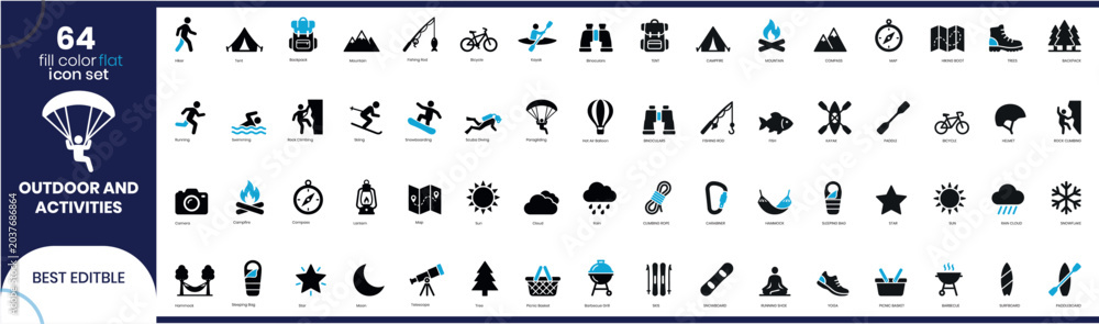 Φωτογραφία Outdoor activities icon set 64 fill color flat icons for outdoor enthusiasts