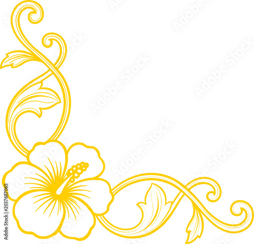 Golden outline illustration of a Rose of Sharon flower with symmetrical decorative flo