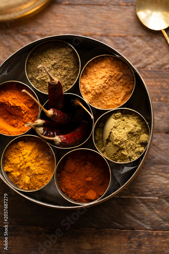 Traditional Indian anjarai petti spice box with assorted ground spices