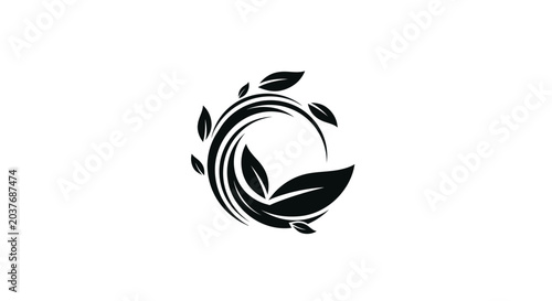 Stylish black abstract organic leaves swirling in a circular shape, eco-friendly nature growth design element