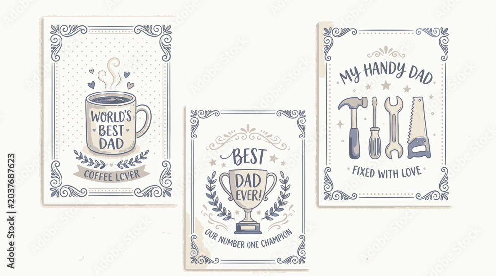 Obraz premium Three Father's Day Cards Featuring Different Themes: Coffee Lover, Trophy Winner, and Handy Dad.