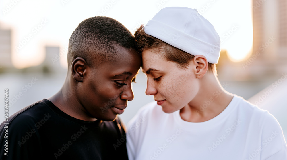 Fototapeta premium Diverse interracial couple touching foreheads outdoors at golden hour, sharing a tender intimate moment of love, trust and connection. Perfect for modern lifestyle, diversity and dating projects.