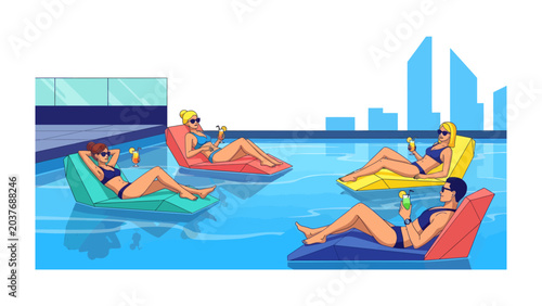 Tableau sur toile Poolside Bliss: Four stylish women recline on inflatable rafts in a serene swimming pool, enjoying refreshing drinks under the summer sun