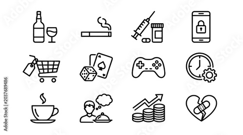 Slika na platnu Set of outline icons related to addiction and compulsive habits