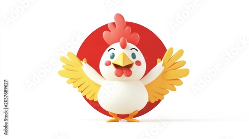 Happy rooster celebrating, red circle background, festive greeting card