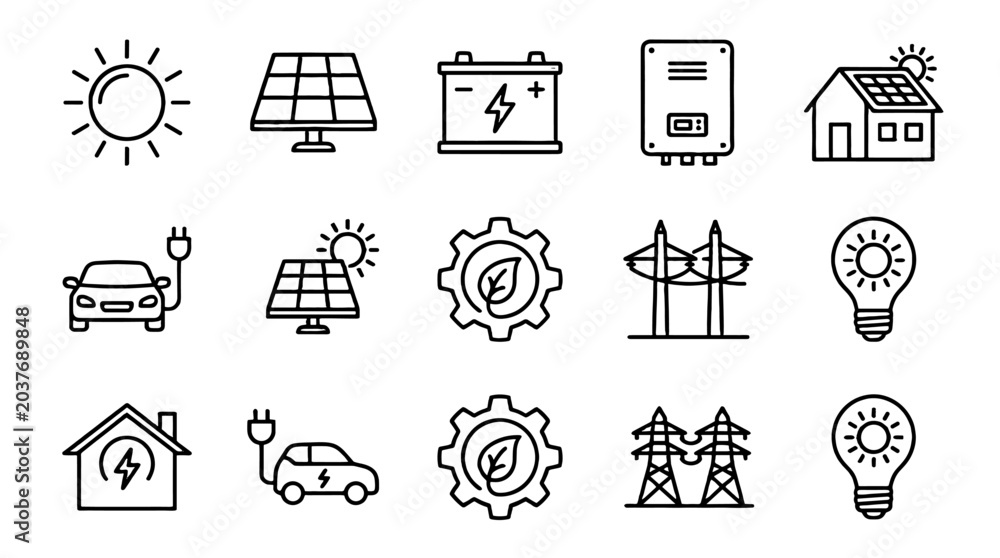 Fototapeta premium Solar energy outline icon set with panels, battery and home