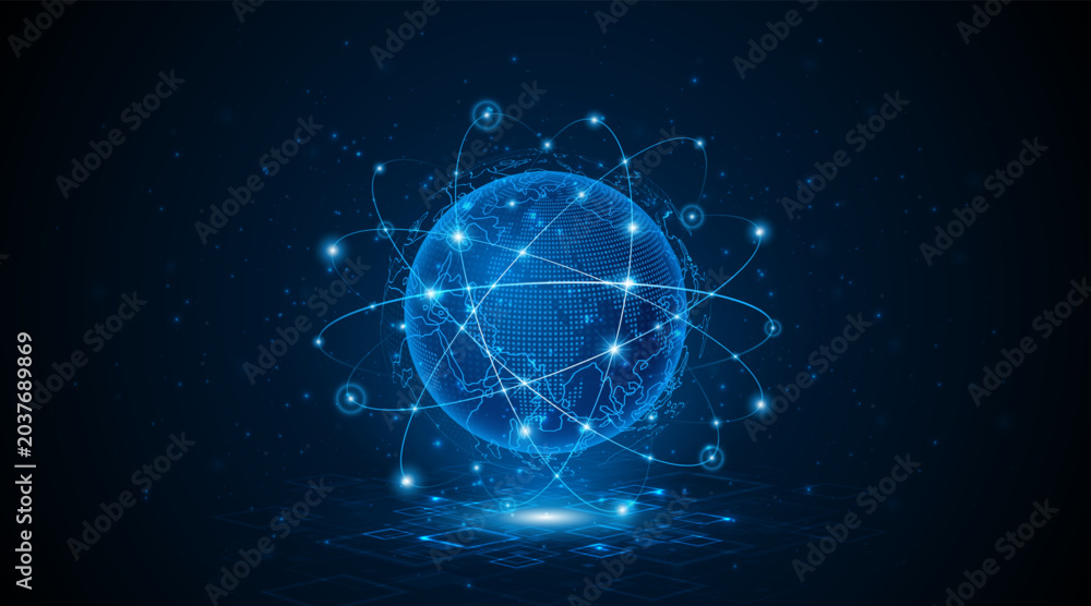 Fototapeta premium Global digital network connection with glowing blue globe and circuit board lines. High-tech futuristic communication, cloud computing, and big data transfer concept for internet infrastructure.