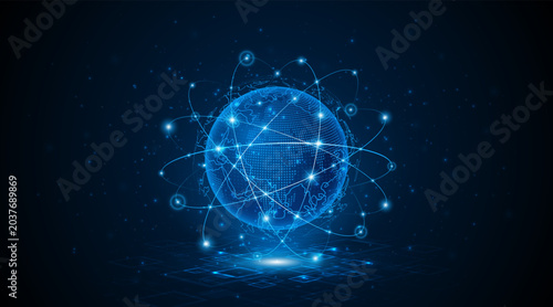 Global digital network connection with glowing blue globe and circuit board lines. High-tech futuristic communication, cloud computing, and big data transfer concept for internet infrastructure.
