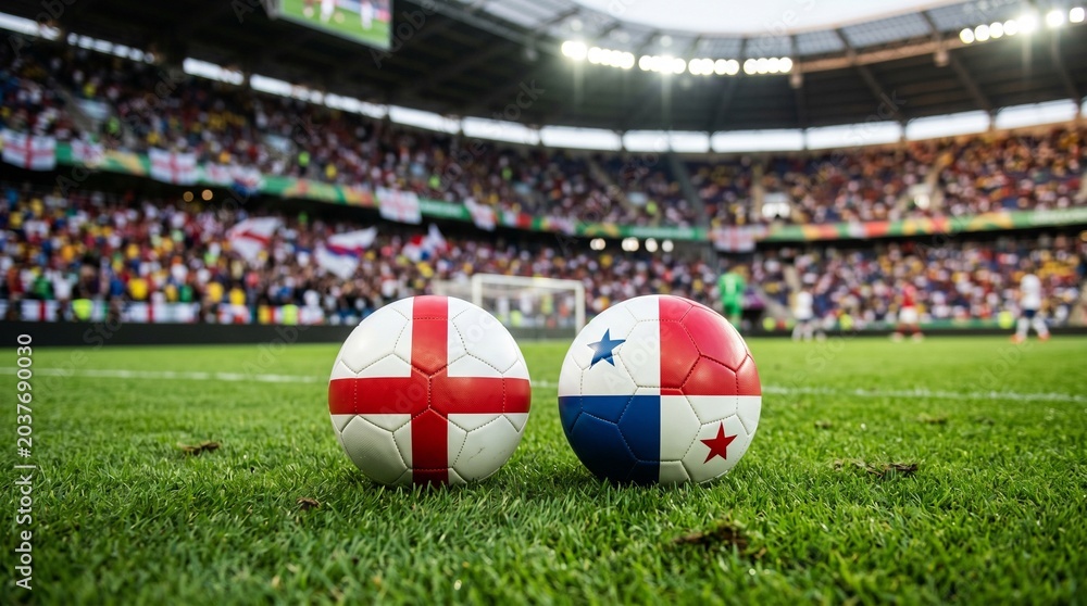 Naklejka premium Two soccer balls painted with the national flags of England and Panama side by side on a green stadium grass pitch line, blurred crowded stands background during an international football tournament.