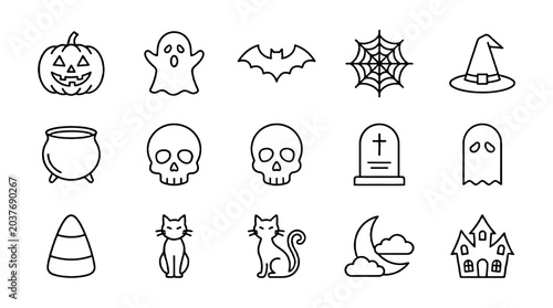 Photos Halloween outline icon set with pumpkin ghost bat and skulls