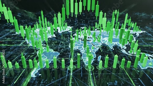 Abstract financial data representation with world map and growth indicators
