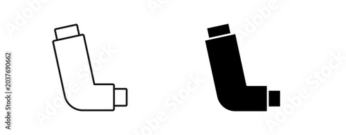 Asthma inhaler icon set, medical respiratory pump vector illustrations, black silhouette and editable stroke inhaler symbol