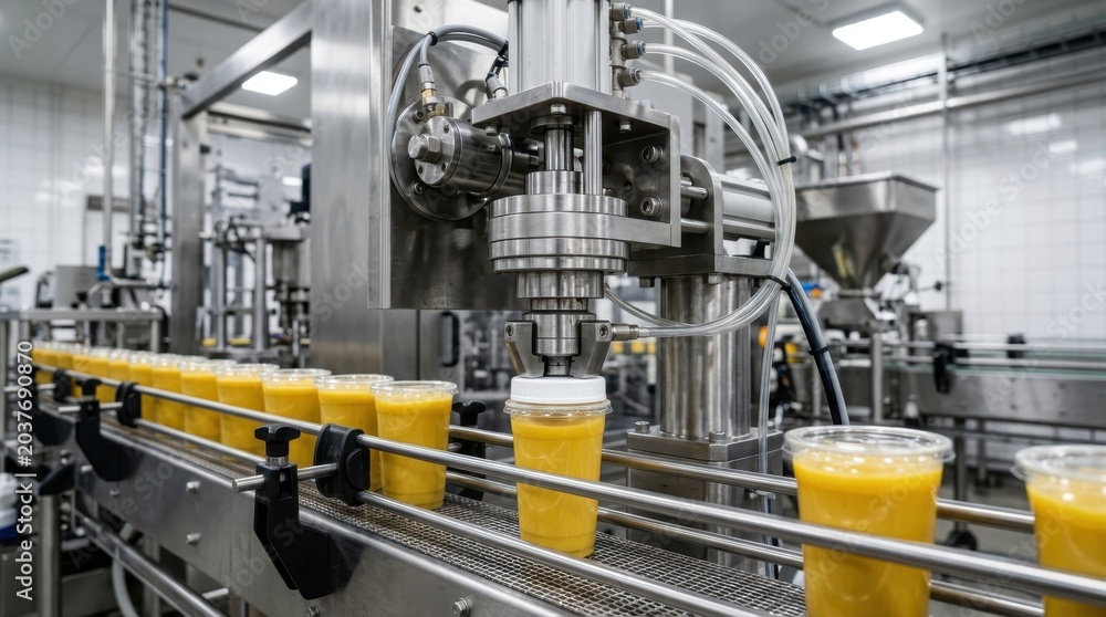 Fototapeta premium Automated production line filling and sealing plastic cups with juice