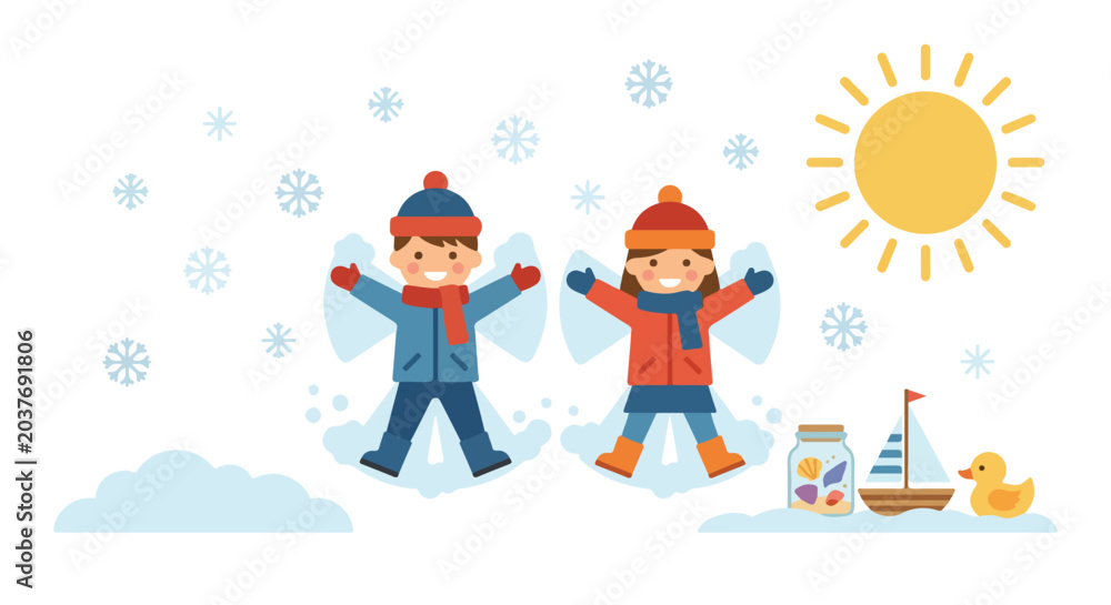 Naklejka premium Two children wearing warm winter clothes joyfully make snow angels in a wintry landscape under a bright sun, surrounded by summer toys.