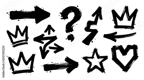 Black brush graffiti symbols set with arrows crowns and icons