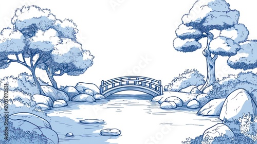 Hand-drawn Japanese garden scene