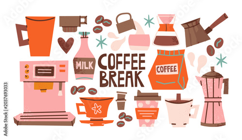 Set of coffee break icons and illustrations in flat style with caffeine espresso beverage illustration lifestyle refreshment breaktime equipment collection