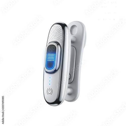 Silver flip phone with blue screen.