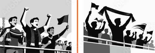Bild auf Leinwand Vector illustration of sports fans cheering in stadium stands with flags and sca