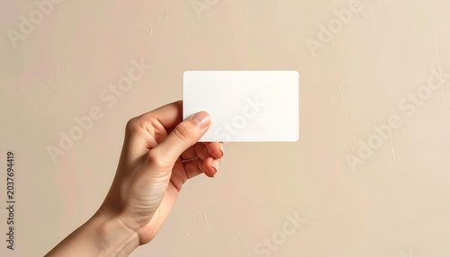 Hand Holding Blank Card with Chip on Light Cream Background with Modern Banking Card Mockup and Financial Payment Concept Presentation