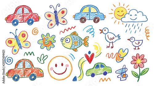 Canvas Print Crayon doodle set with cars butterflies fish birds and flower