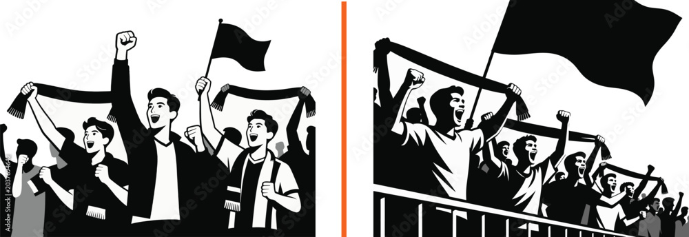 Fototapeta premium Vector illustration of cheering sports fans holding flags and scarves at a stadium match celebration