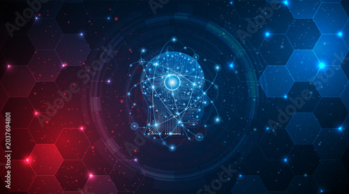 Futuristic AI human head with circuit board and glowing digital brain on dark blue background for technology and innovation concept.