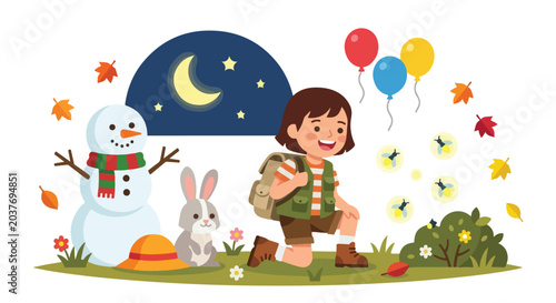 A happy young girl in hiking gear explores a whimsical scene featuring a snowman, a rabbit, autumn leaves, and floating balloons at night.
