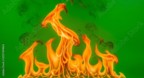 Vibrant Green Background with Intense Fire Flames Overlay.