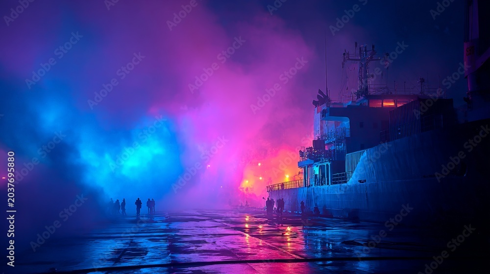 Naklejka premium Vibrant neon lights paint a misty night scene. People stand near a dock, silhouetted against glowing colors. Steam and haze swirl above wet pavement and a docked vessel