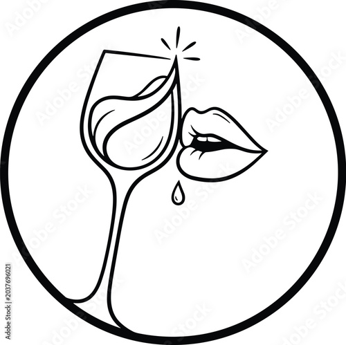 Wine glass with lips icon as simple black and white line art vector