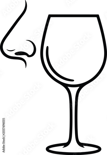Line art icon of a human nose smelling a glass of wine for tasting