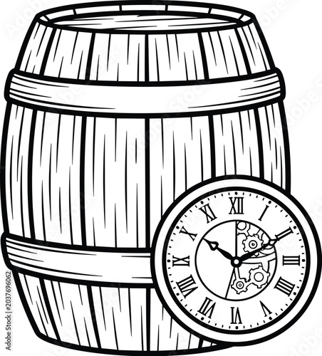 Wine barrel with clock icon as simple black and white line art vector