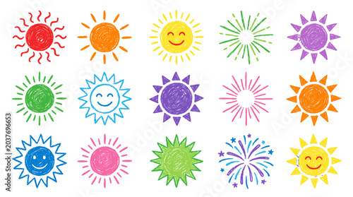 Schilderij op canvas Colorful crayon sun and sunburst doodle icons set