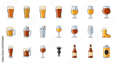 Cuadro en lienzo Collection of various beer glassware and beverage icons in a clean flat vector d