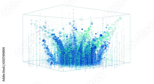 Foto Abstract 3d data visualization showing a dynamic blue and green particle splash