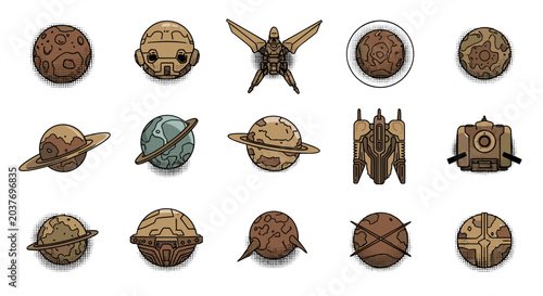 Tableau sur toile Set of sci fi space tokens featuring detailed planets and futuristic spaceships