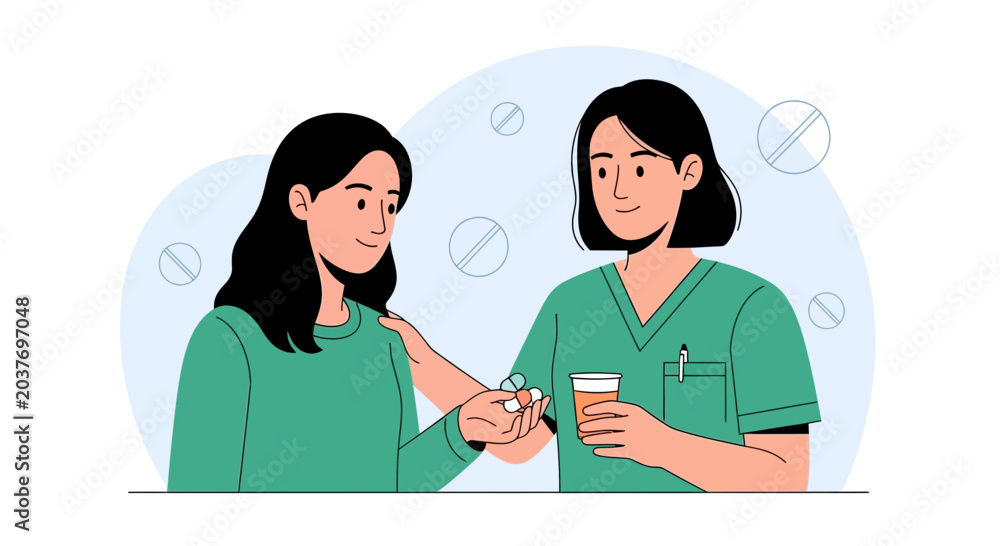 Obraz premium Nurse gives patient medicine, patient care, doctor and illness illustration