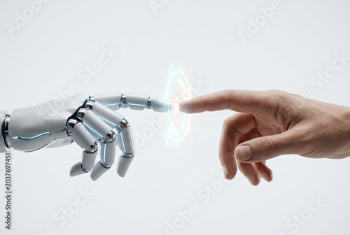 Human robot connection concept with artificial intelligence and human fingers touching