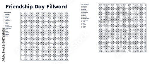 Friendship Day fillword puzzle with completed answers displayed  